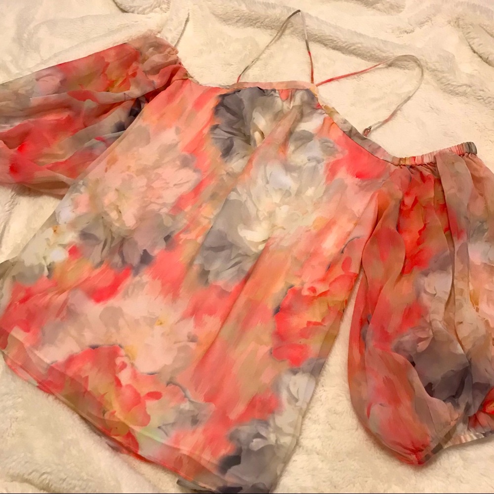 WHBM floral halter neck top with peasant sleeves